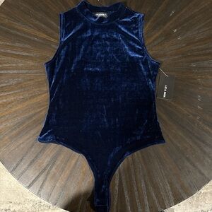 LIZA SARA Velvet Mock Neck Bodysuit in Deep Navy